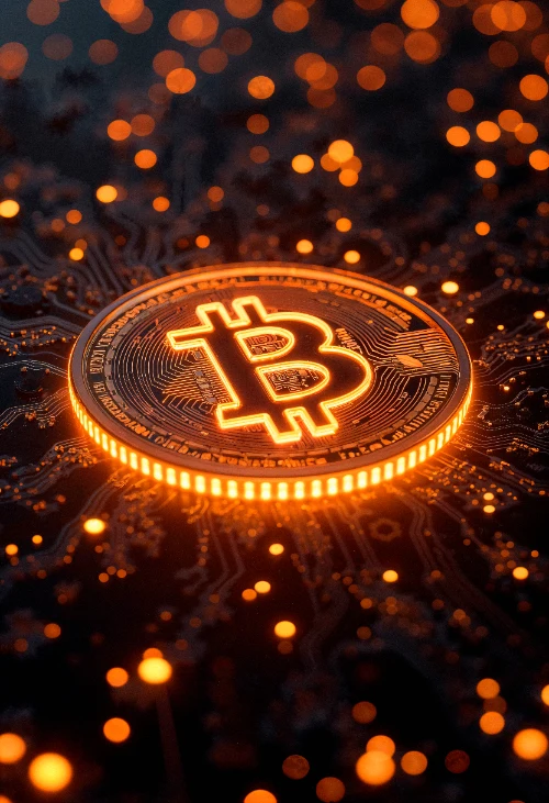 OneCoin: símbolo de criptomoneda sobre una placa de circuitos iluminada, concepto de fraude cripto